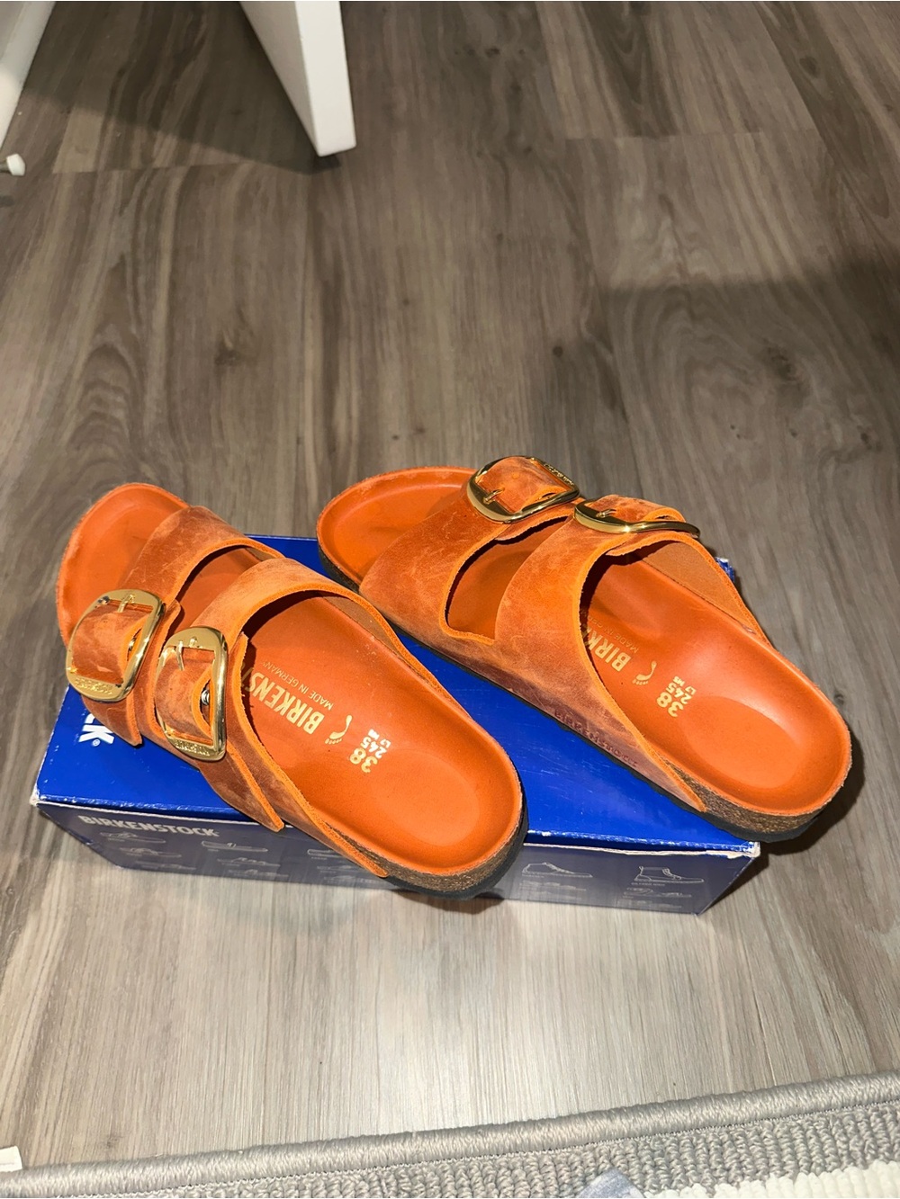 Birkenstock Arizona Orange Suede Sandals with Gold Buckles - Picture 2 of 6